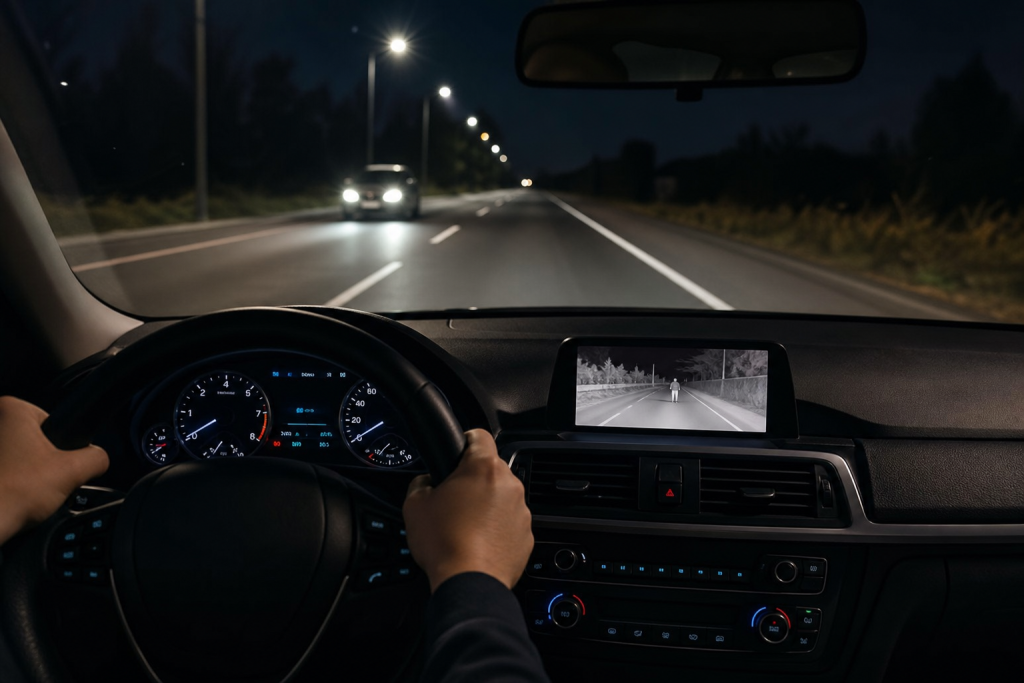 Car night vision system highlighting a pedestrian on a dark road after sunset