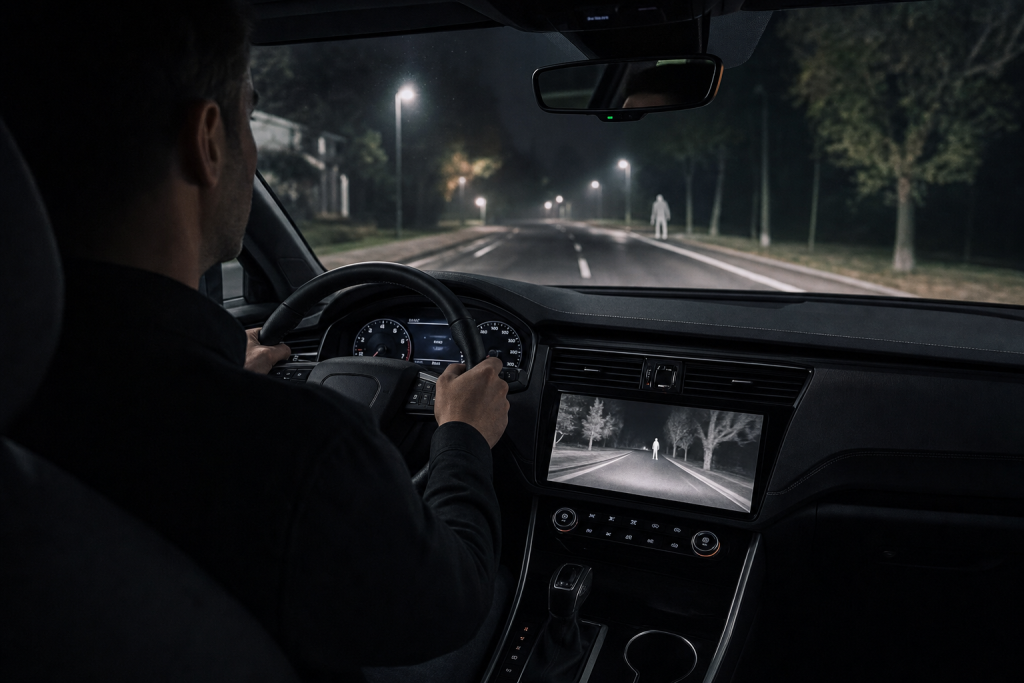 Automotive thermal night vision display detecting a pedestrian on a dark road