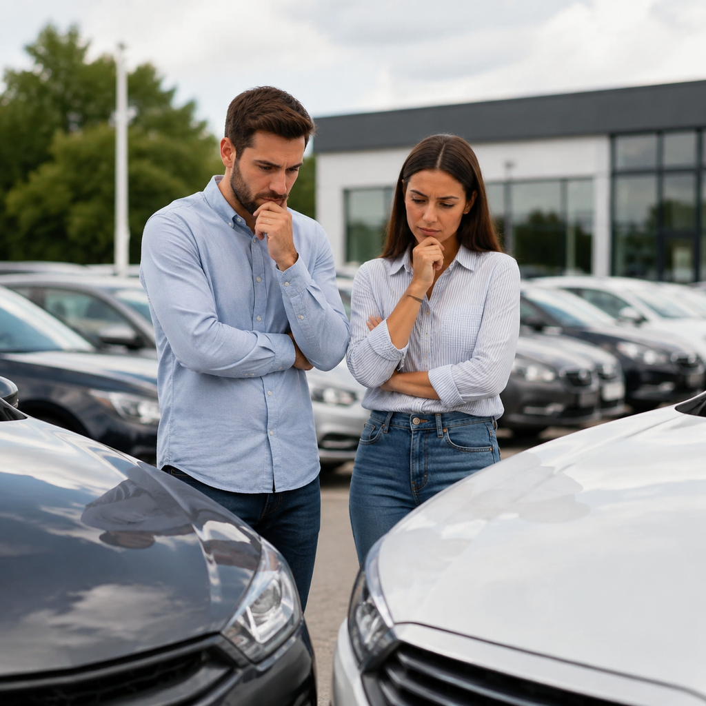 New and used cars displayed side by side for a cost comparison