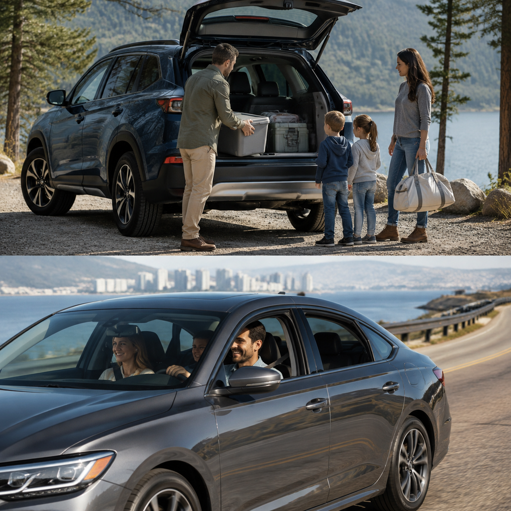 Family comparing an SUV and sedan for everyday travel and passenger space