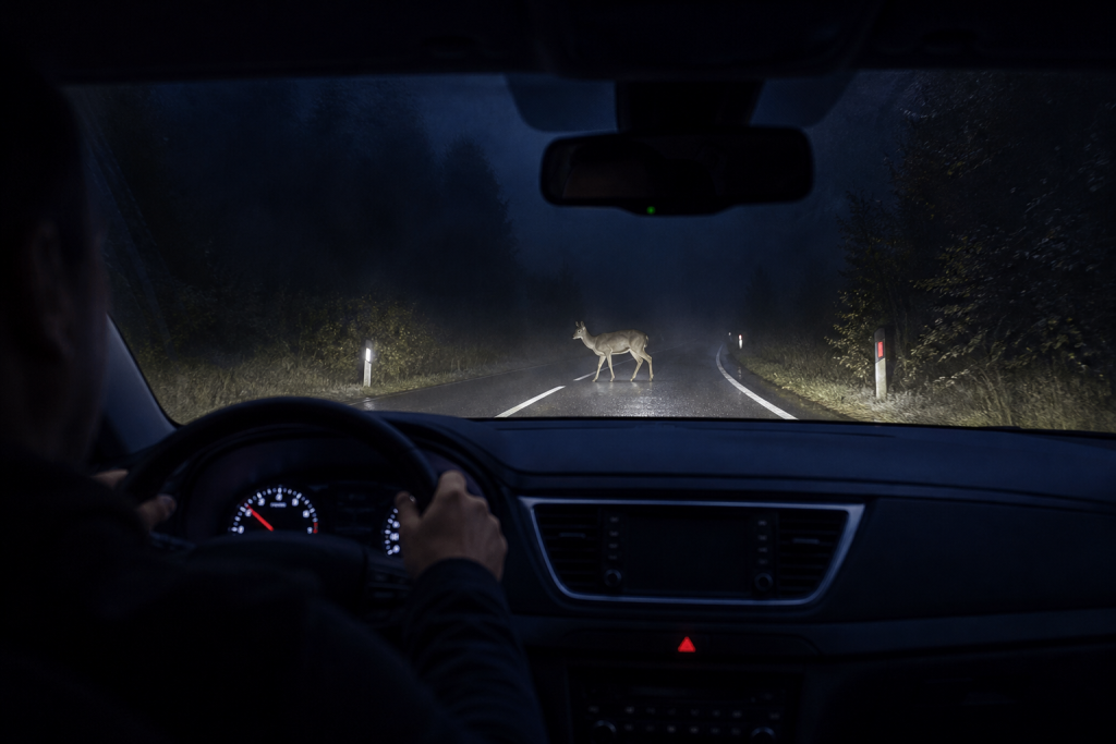 Driver viewing a vehicle thermal night vision display during nighttime driving