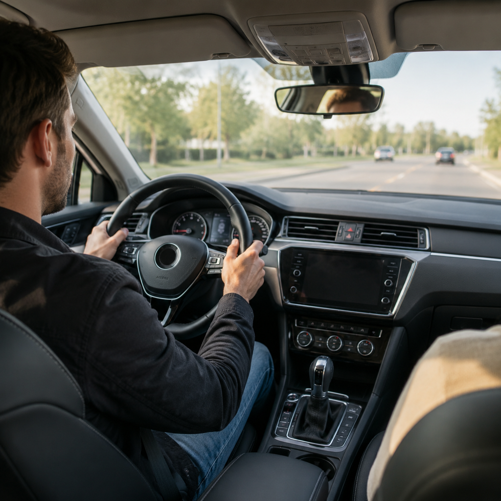 Driver checking dashboard controls during a test drive checklist inspection