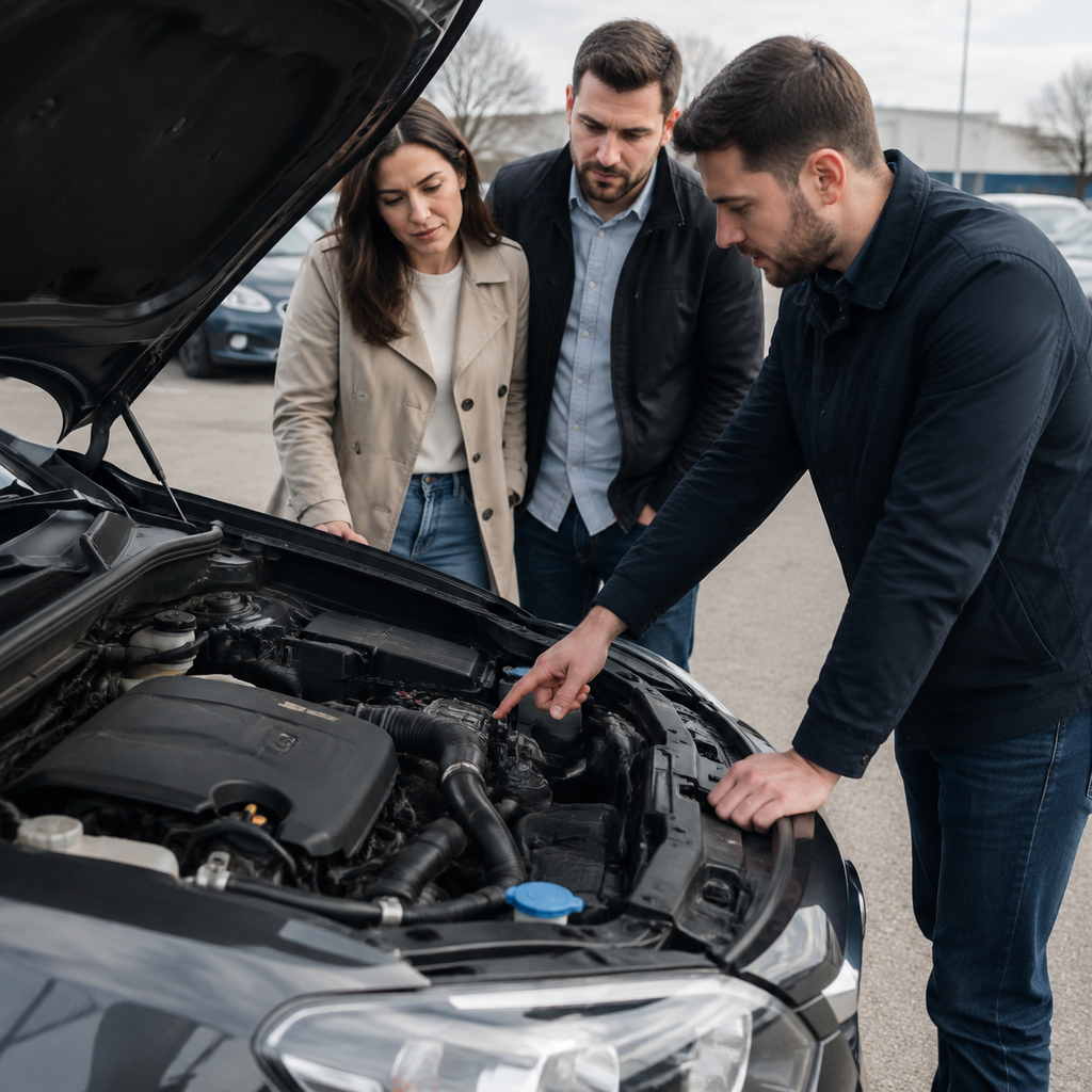 Buyer inspecting a used car exterior before purchase
