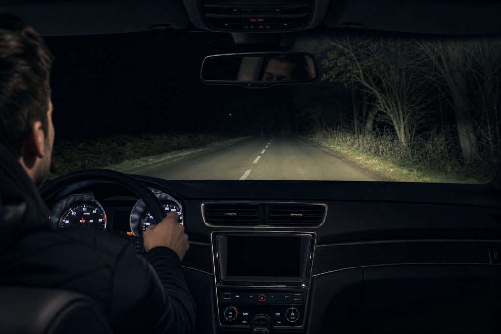 Driver looking at a car dashboard display on a dark road at night