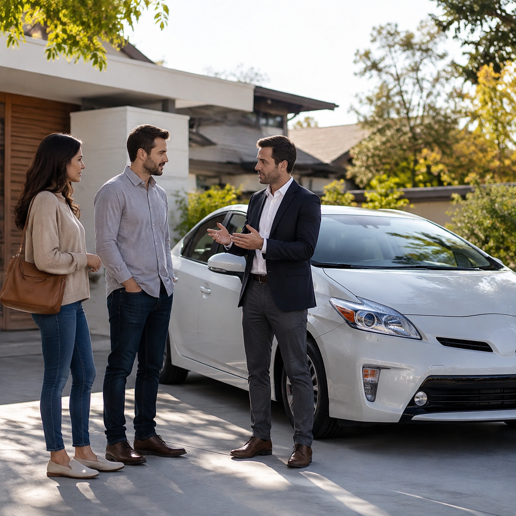 Shopper comparing hybrid cars at a dealership before deciding which model to buy