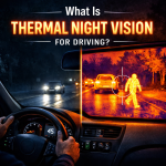 Car dashboard display using thermal night vision to highlight pedestrians and vehicles on a dark road