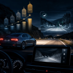 Night driving car with AI deer detection and safety alert system on the road