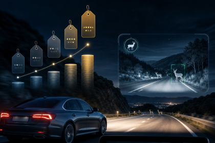 Night driving car with AI deer detection and safety alert system on the road