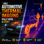 Automotive thermal imaging display showing engine, brakes, tires, and pedestrian heat signatures in a car