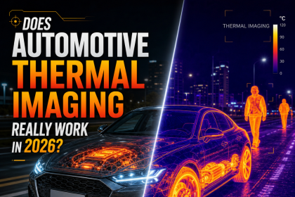 Automotive thermal imaging display showing engine, brakes, tires, and pedestrian heat signatures in a car
