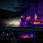 Thermal night vision view detecting pedestrians and animals on a dark road for safer driving
