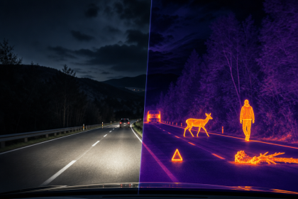 Thermal night vision view detecting pedestrians and animals on a dark road for safer driving