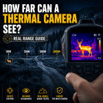 Thermal camera range chart showing detection distances up to 2000+ meters with night vision capability