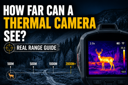 Thermal camera range chart showing detection distances up to 2000+ meters with night vision capability