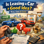 Illustration of car leasing pros, cons, and costs with cars, money, and a lease agreement.