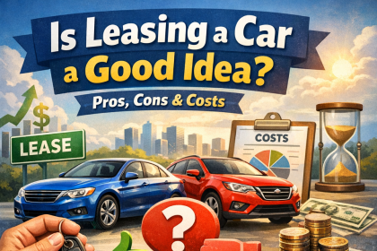 Illustration of car leasing pros, cons, and costs with cars, money, and a lease agreement.
