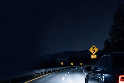 Night driving on a winding mountain road with headlights illuminating the road and a visible speedometer.