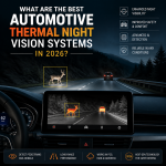 automotive thermal night vision systems - Car dashboard display showing thermal night vision view of a road at night