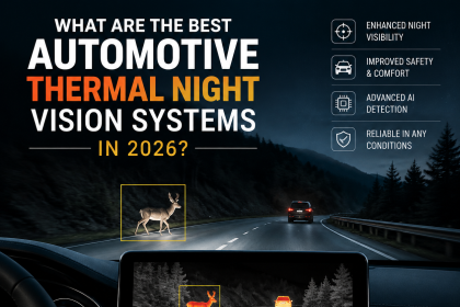 automotive thermal night vision systems - Car dashboard display showing thermal night vision view of a road at night
