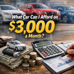 Budgeting for car affordability: calculator with car keys and stacked coins for a $3,000 monthly payment.
