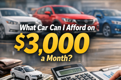 Budgeting for car affordability: calculator with car keys and stacked coins for a $3,000 monthly payment.