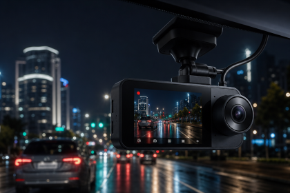 Night vision dash cam recording a city street at night with illuminated buildings and traffic.