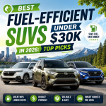 Collage of fuel-efficient SUVs under $30K for 2026, highlighting budget-friendly top picks