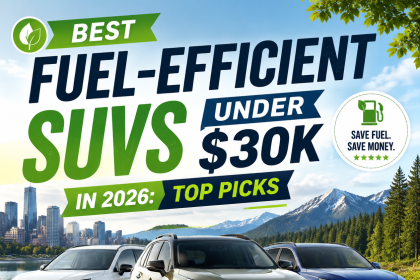 Collage of fuel-efficient SUVs under $30K for 2026, highlighting budget-friendly top picks