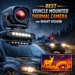 Vehicle-mounted thermal camera on a truck detecting wildlife at night for improved night vision.