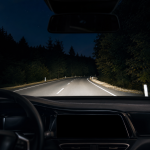 Nighttime driving on a winding forest road from inside a car, showing vehicle thermal imaging use in low light.