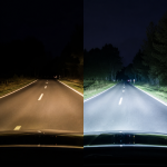 Comparison of warm yellow halogen lights and bright white LED headlights on a dark road