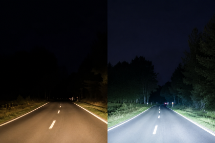 Comparison of warm yellow halogen lights and bright white LED headlights on a dark road