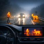 Thermal imaging detects a pedestrian and deer on a rainy road at night for driver safety.
