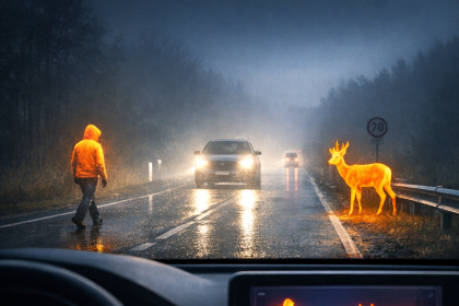 Thermal imaging detects a pedestrian and deer on a rainy road at night for driver safety.