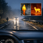 Driver’s nighttime view of a wet road with thermal imaging highlighting a pedestrian and deer for night driving safety