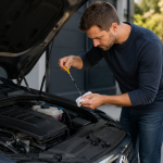 Man checking car engine oil level with a dipstick during daily car maintenance.