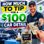 Professional detailer cleaning a car, illustrating how much to tip for a $100 car detail