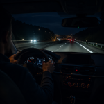 Nighttime highway driving with illuminated dashboard and road ahead