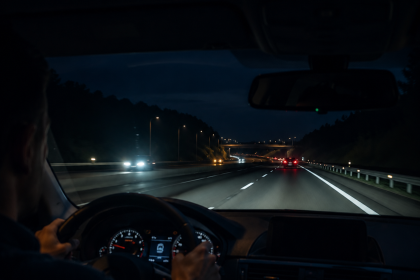 Nighttime highway driving with illuminated dashboard and road ahead