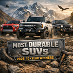 Three durable SUVs on rugged mountain terrain with text “Most Durable SUVs 2026: 10+ Year Winners.”