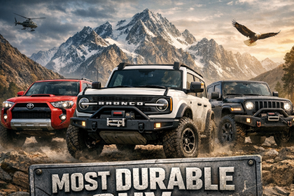 Three durable SUVs on rugged mountain terrain with text “Most Durable SUVs 2026: 10+ Year Winners.”