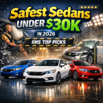 Crash test graphic with two sedans highlighting IIHS top picks for safest sedans under $30K in 2026