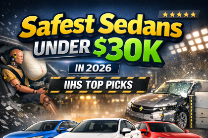 Crash test graphic with two sedans highlighting IIHS top picks for safest sedans under $30K in 2026