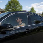 Man driving a black car on a sunny day in a suburban neighborhood with tinted windows