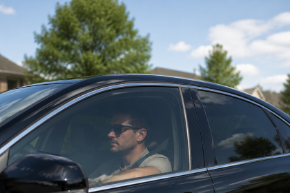 Man driving a black car on a sunny day in a suburban neighborhood with tinted windows