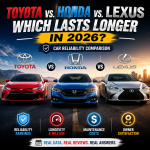 Toyota, Honda, and Lexus reliability comparison chart highlighting longevity, maintenance costs, and owner satisfaction.