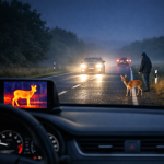 Thermal imaging shows deer on a foggy road at night, improving night driving visibility.