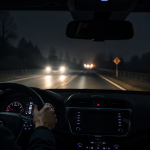 Nighttime driving risk on a dark road with oncoming headlights through the windshield
