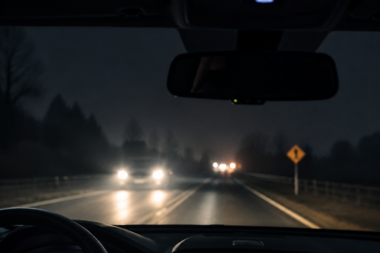Nighttime driving risk on a dark road with oncoming headlights through the windshield