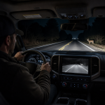 Driver using pickup truck night vision to spot a deer on a dark rural road